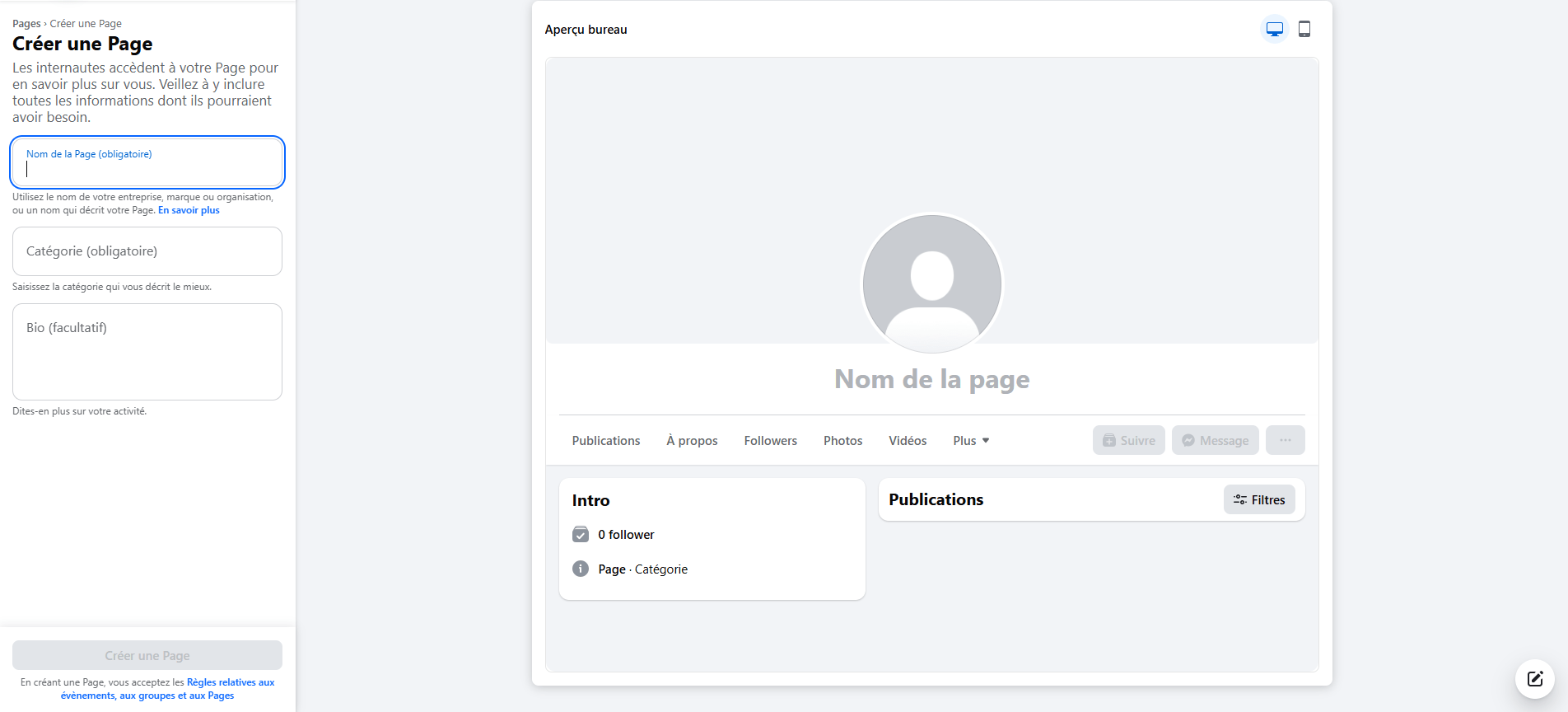 formulaire création de pages Facebook